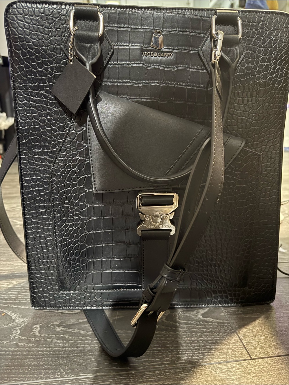 Tote & Carry Black Croc-Embossed Laptop Tote